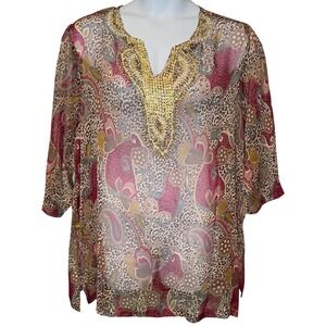 Ulla Popken Womens Beaded Sheer Tunic Top Sz 24/26 Flowy Gypsy Boho Peacock